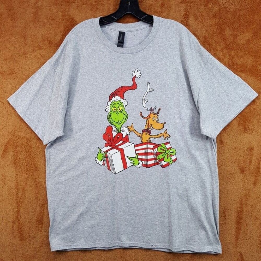 GILDAN Shirt Mens XL Grey Pullover Graphic Christmas Gifts Grinch Heavy Cotton